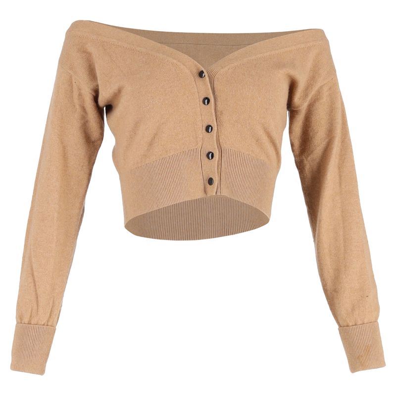 Alexander Wang Sheer Yoke Cropped Cardigan In Brown Wool